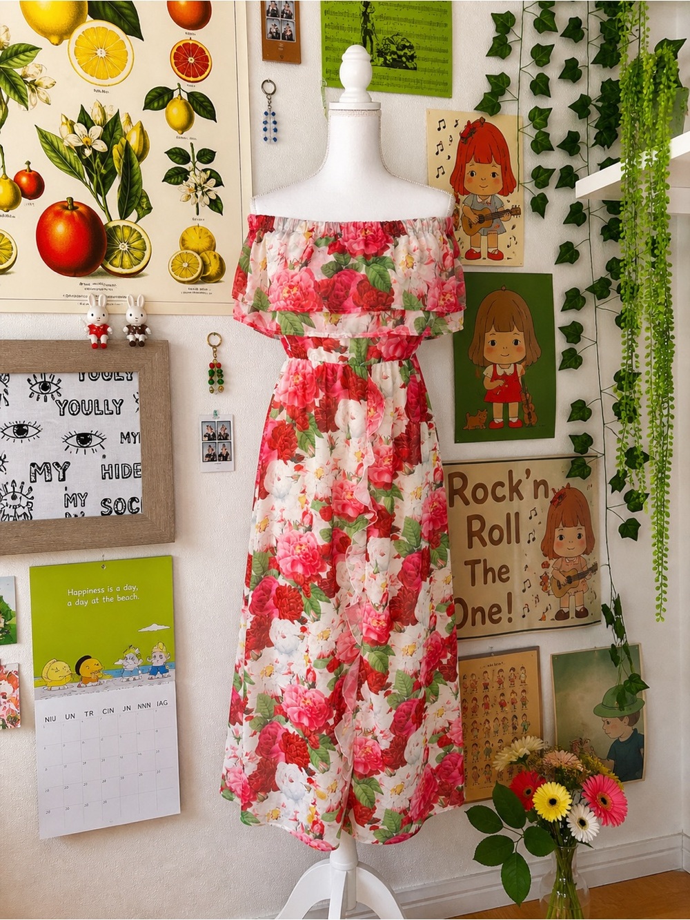 Girls Off-Shoulder Floral Maxi Dress in Pink and White